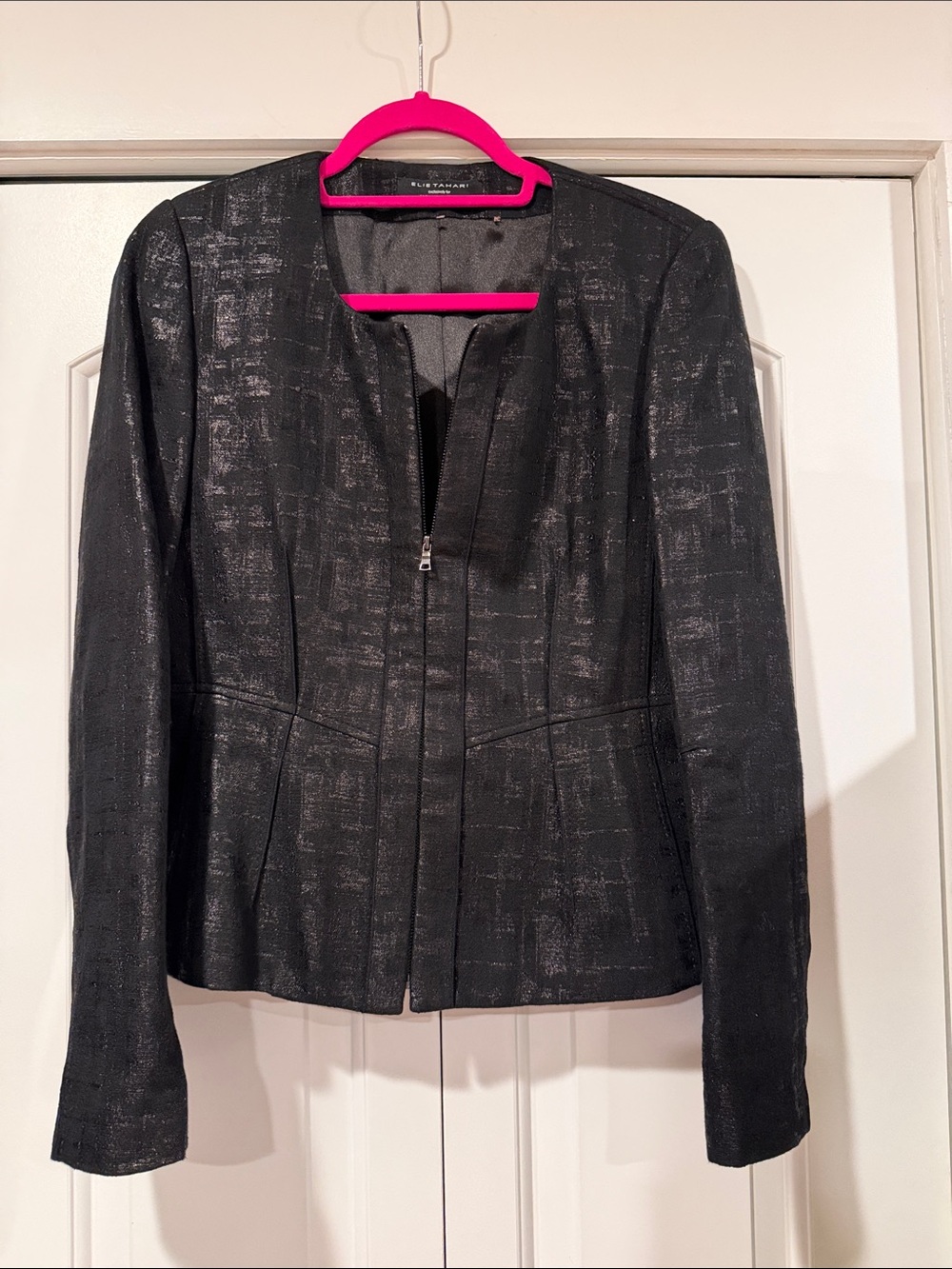 Elie Tahari Black Metallic-Textured Zip Jacket size 8